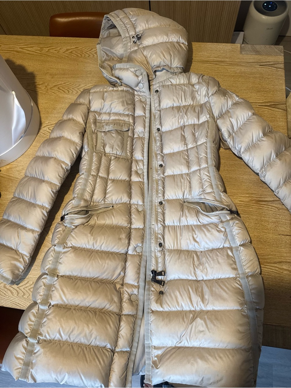 Moncler Light Beige Quilted Hooded Puffer Coat